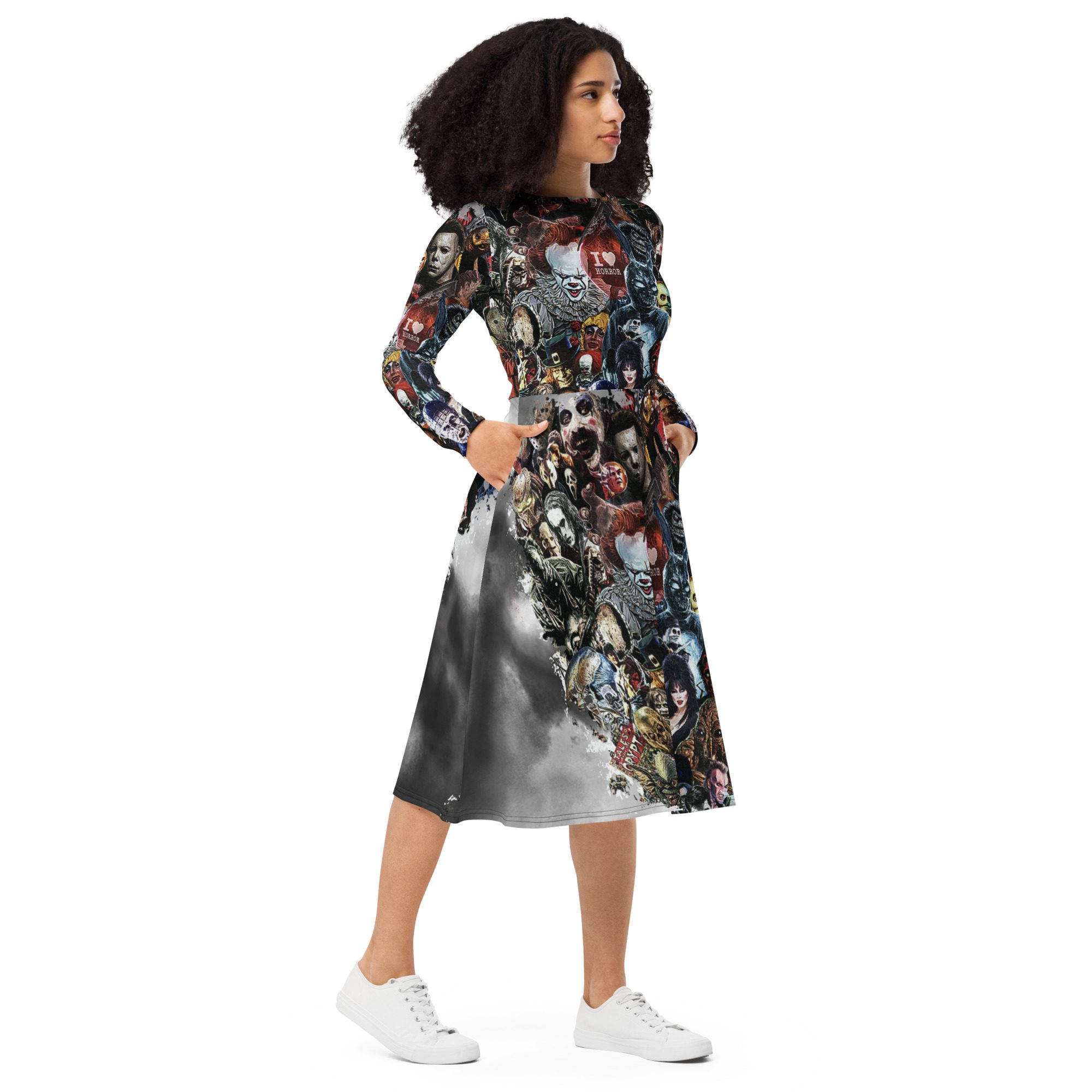 all over print long sleeve midi dress white right front 653e315c65608