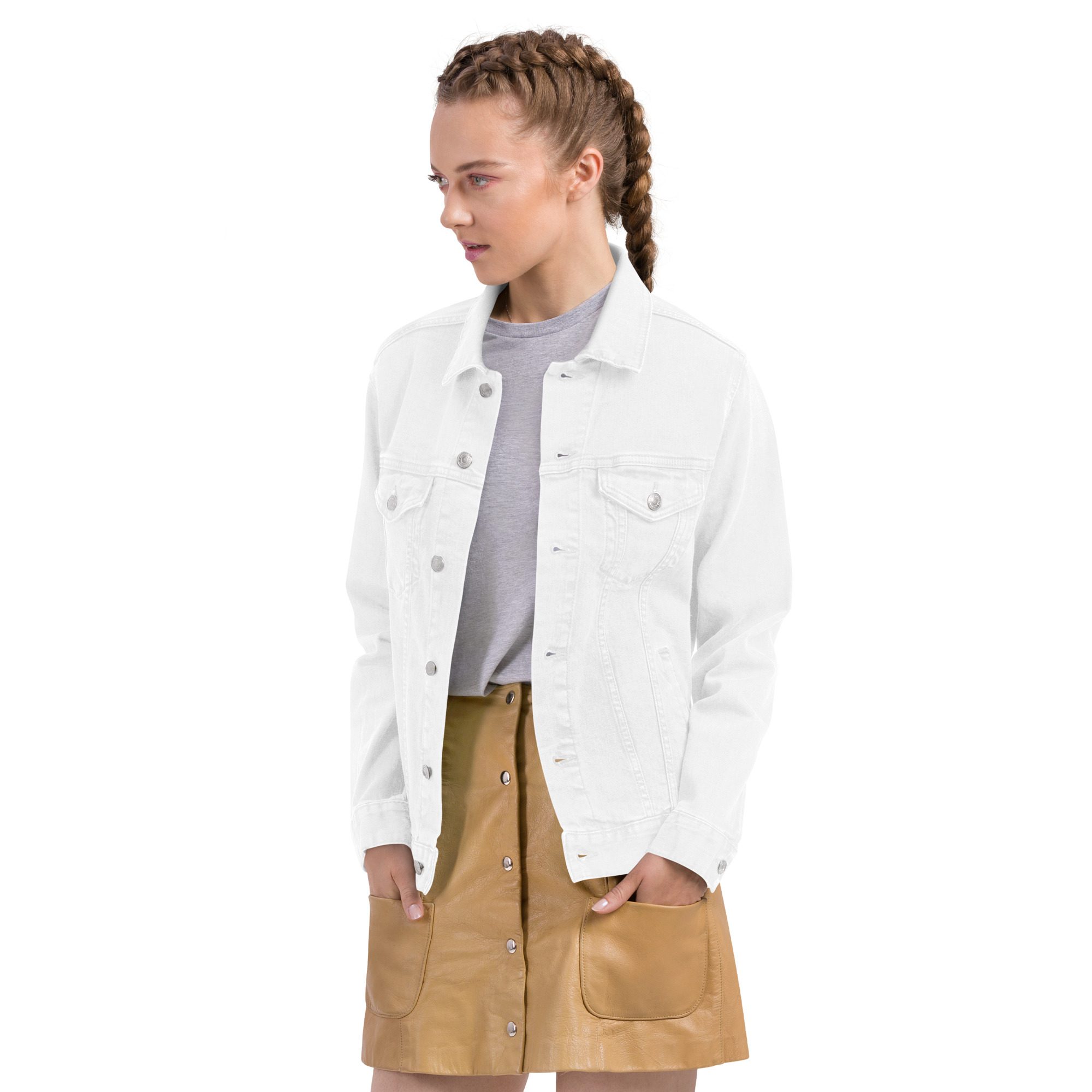unisex denim jacket white front 654240ce518fa