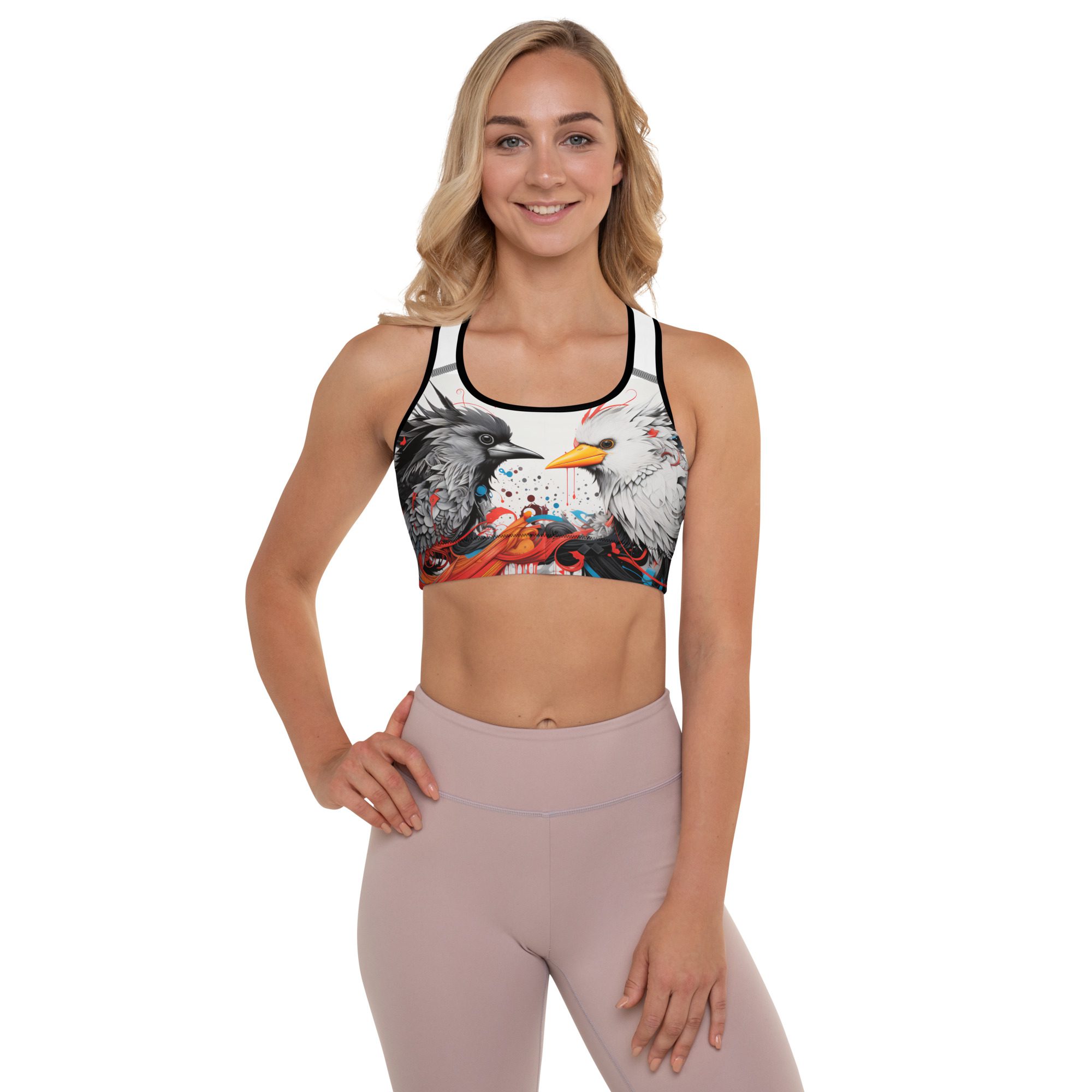 all over print padded sports bra black front 656f90a3024db