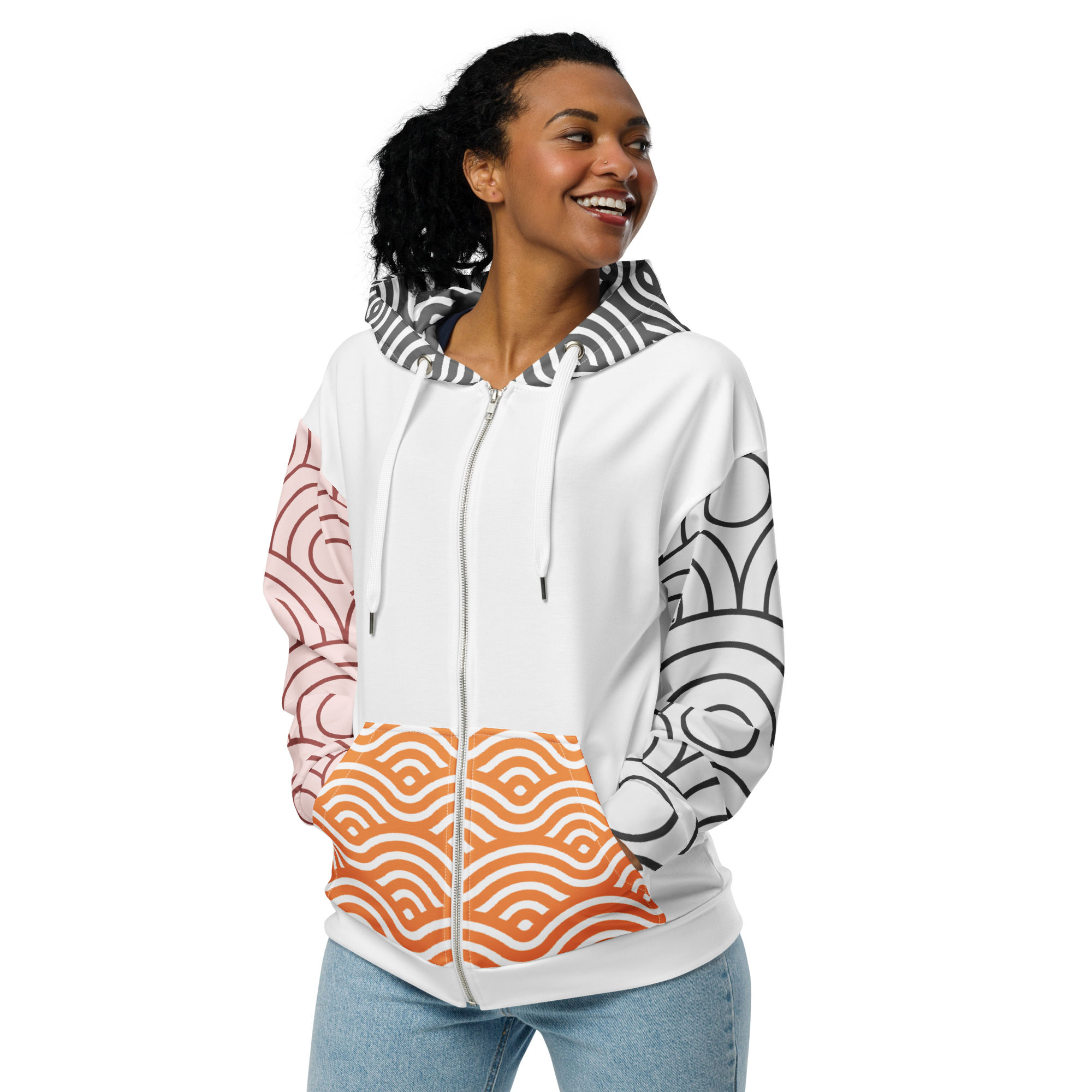 all over print recycled unisex zip hoodie white front 65b161e222a94